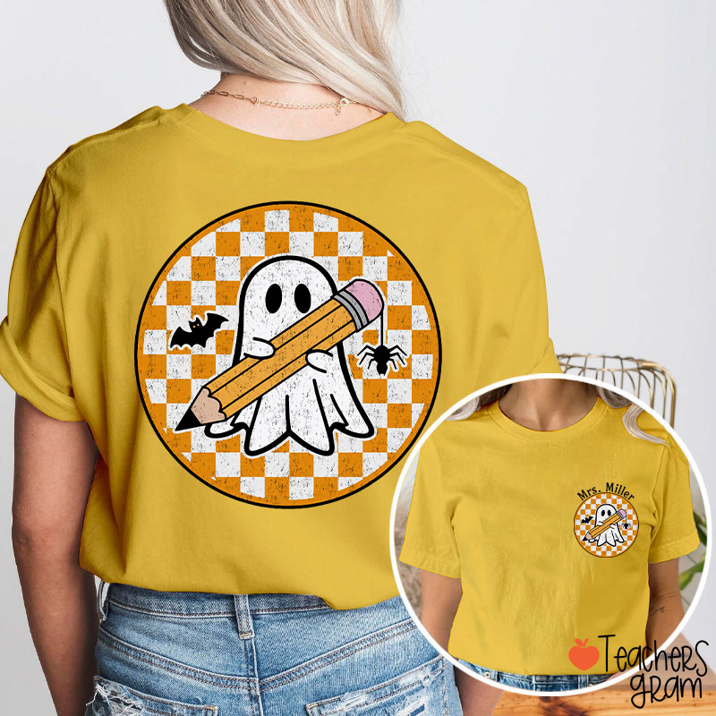 Personalized Name Circle Checkered Ghost Teacher Two Sided T-Shirt