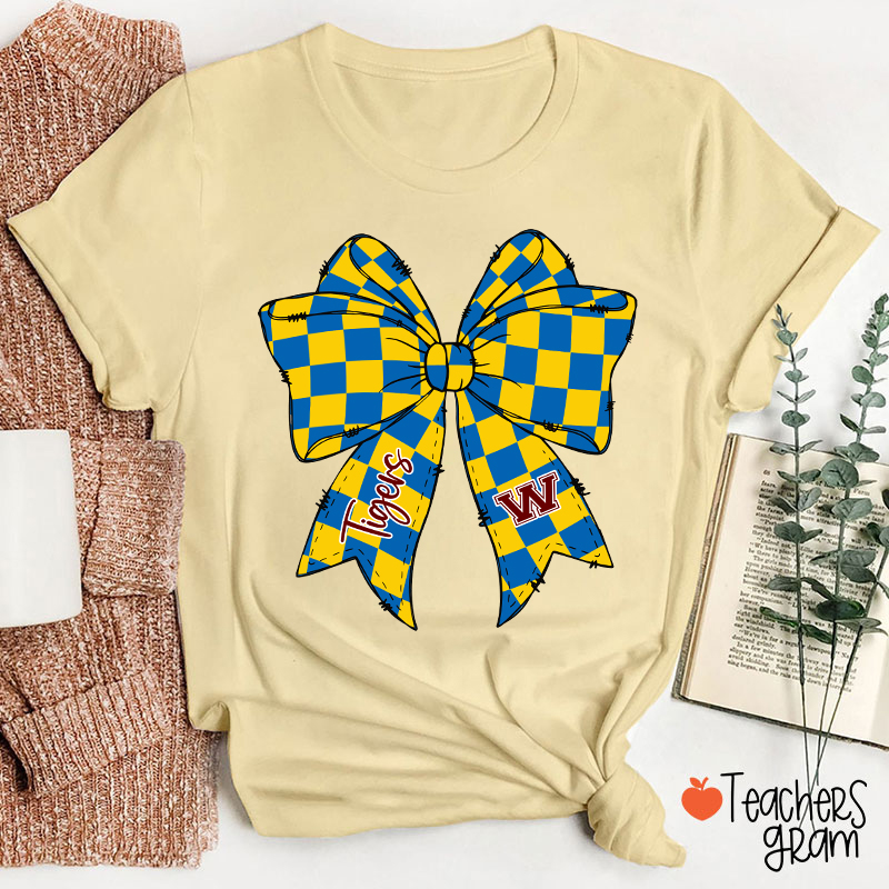Personalized  Mascot Checkered Bow Game Day Teacher T-Shirt