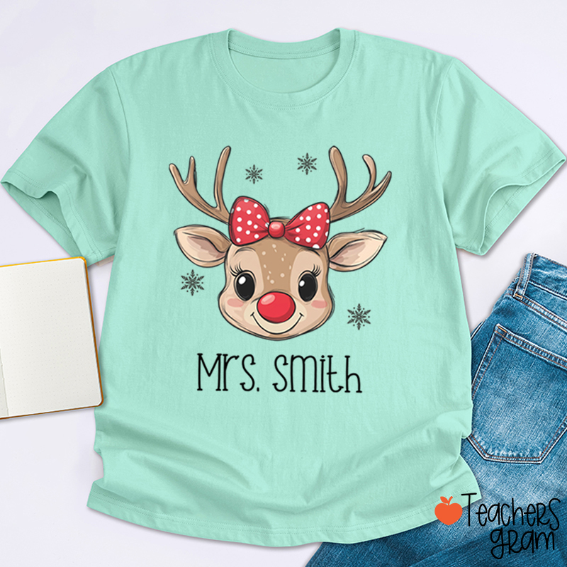 Personalized Name Cute Bow Reindeer Teacher T-Shirt