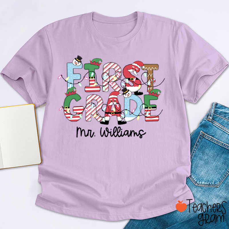 Personalized Grade And Name Christmas Teacher T-Shirt