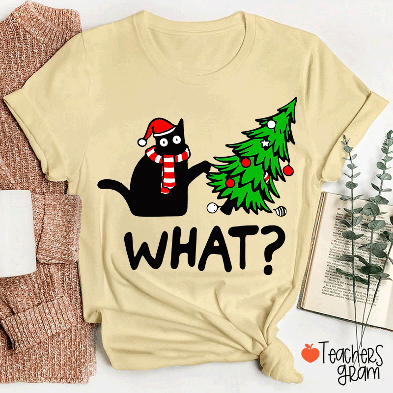 Cat Pushes Christmas Tree Teacher T-Shirt