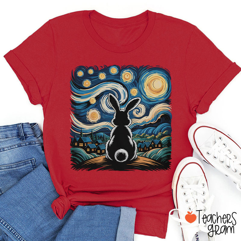 Starry Night Van Gogh Rabbit Teacher T-Shirt