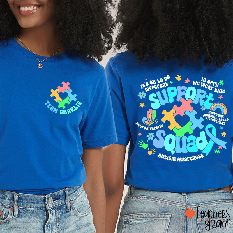 Personalized Name Autism Awareness Support Squad Teacher Two Sided T-Shirt
