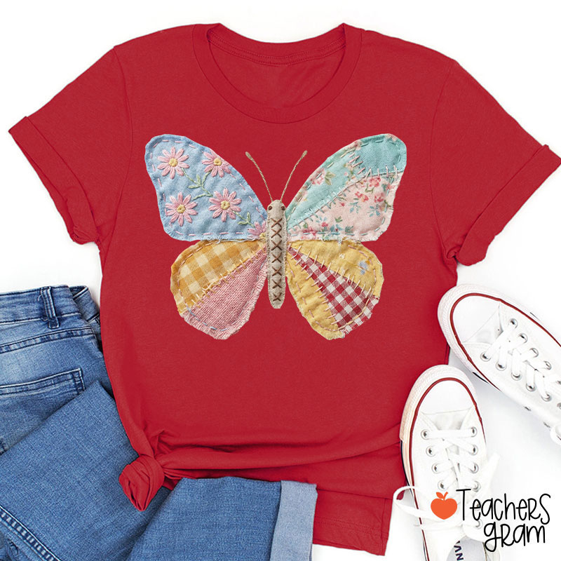 Faux Patchwork Butterfly Teacher T-Shirt