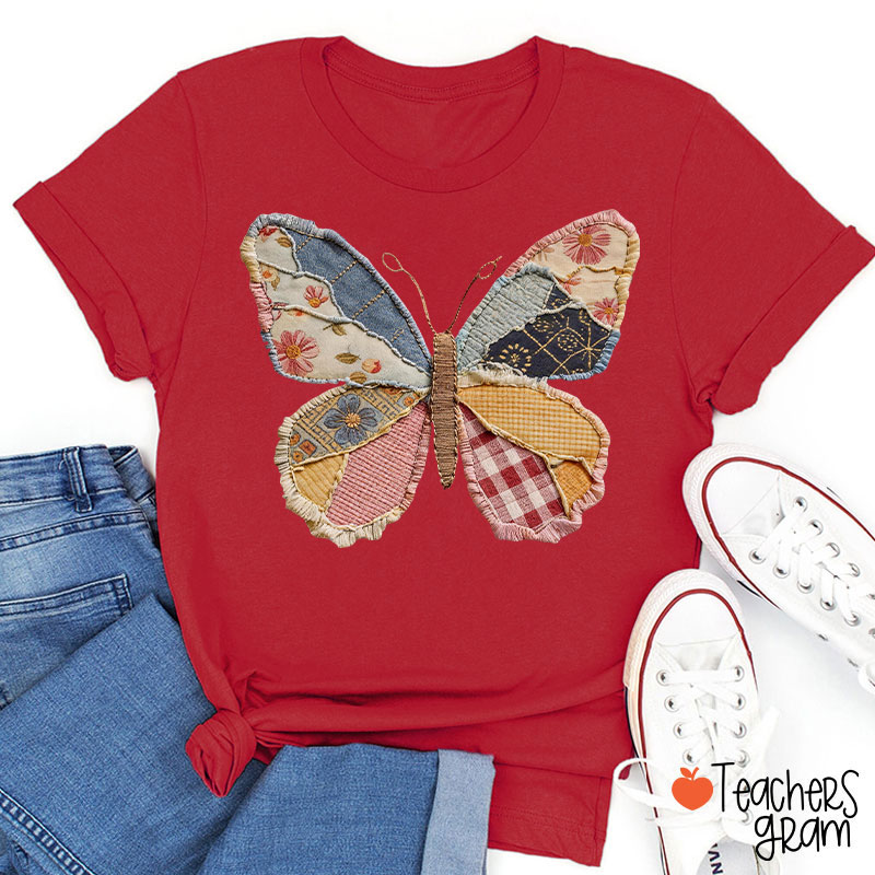 Faux Patchwork Butterfly Teacher T-Shirt
