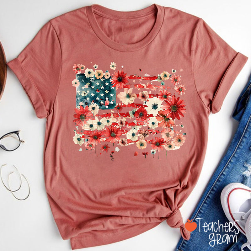 American Flag Floral Teacher T-Shirt
