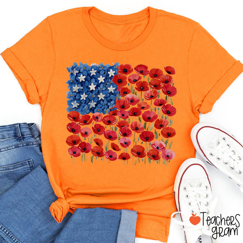 Floral USA Flag 250th Anniversary Teacher T-Shirt