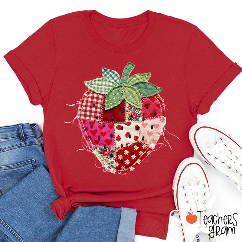 Faux Patchwork Strawberry Teacher T-Shirt