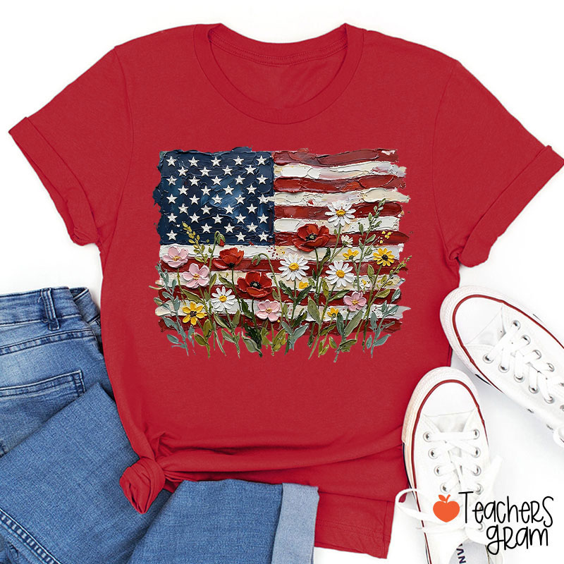 American Flag Floral Teacher T-Shirt