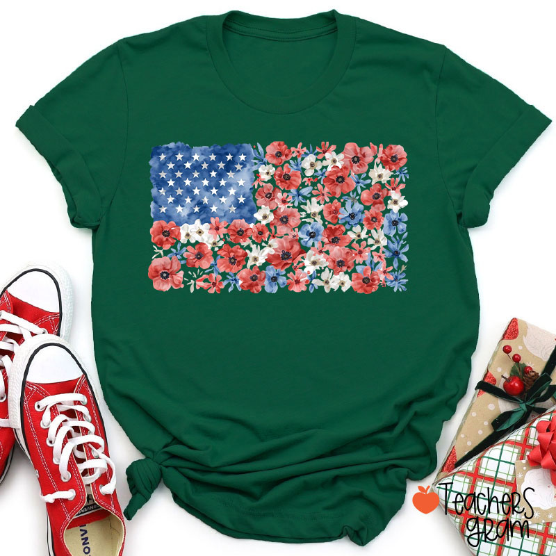 Vintage Floral USA Flag Teacher T-Shirt