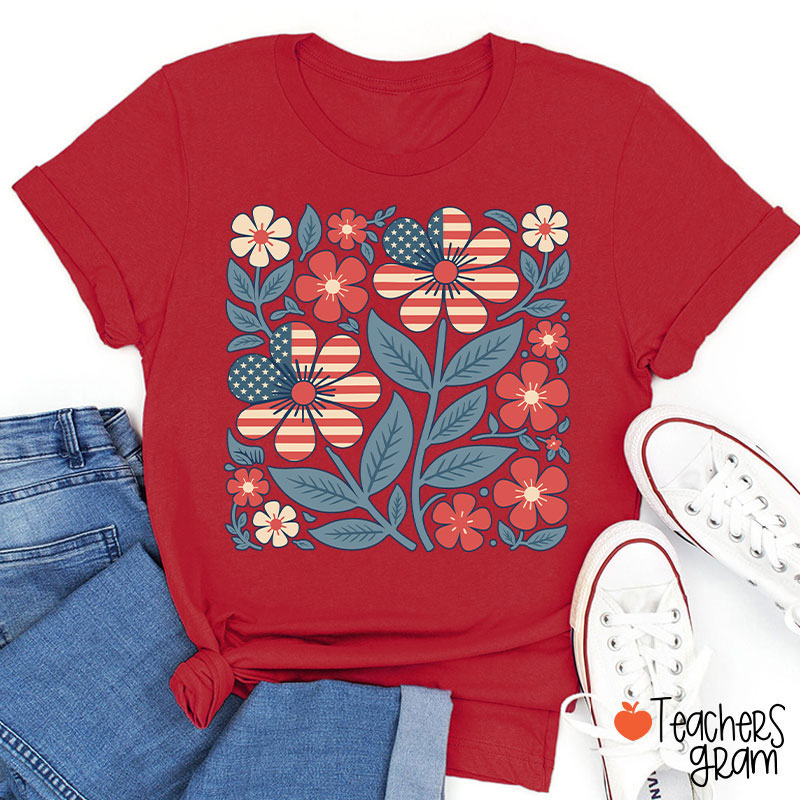 Boho Patriotic Daisy Teacher T-Shirt