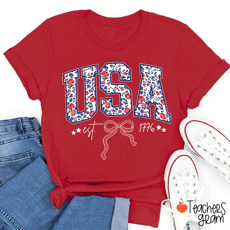 Floral USA Coquette Patriotic Teacher T-Shirt