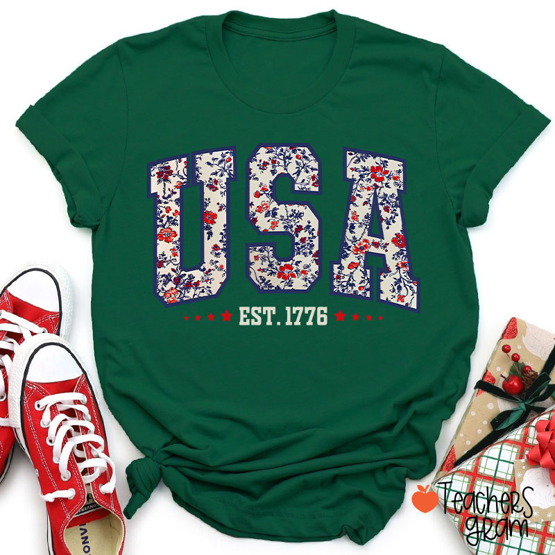 Retro Floral USA Teacher T-Shirt-Teachersgram