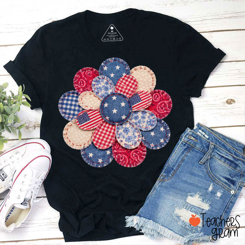 Faux Patchwork American Flag Flower Teacher T-Shirt