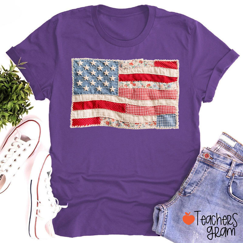 Faux Patchwork American Flag Teacher T-Shirt