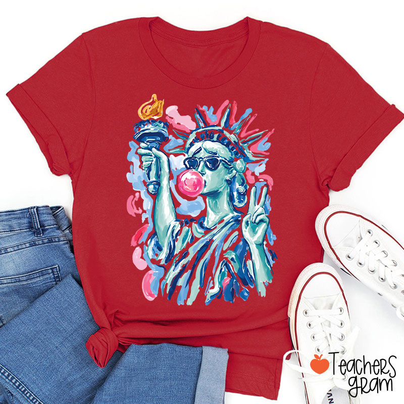 Preppy Statue Of Liberty Blowing Bubble Teacher T-Shirt