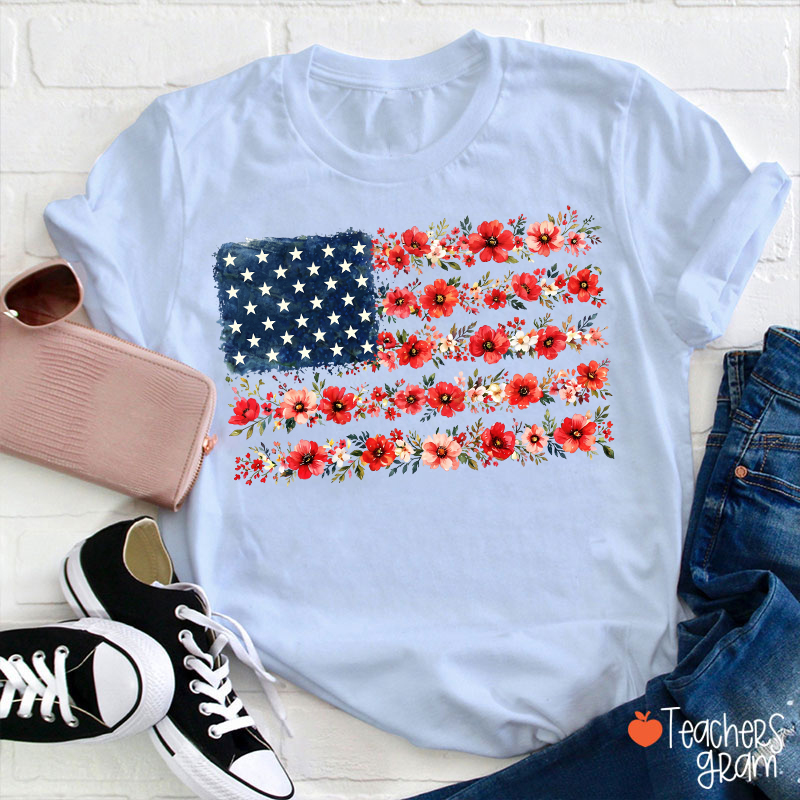 American Flag Wild Flower Teacher T-Shirt