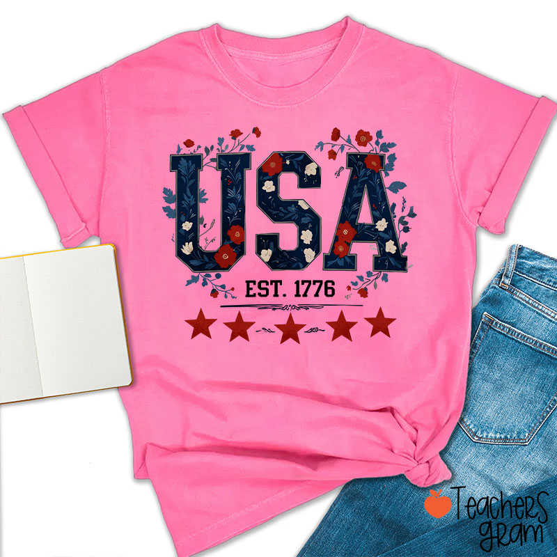 Floral USA Est 1776 Teacher T-Shirt