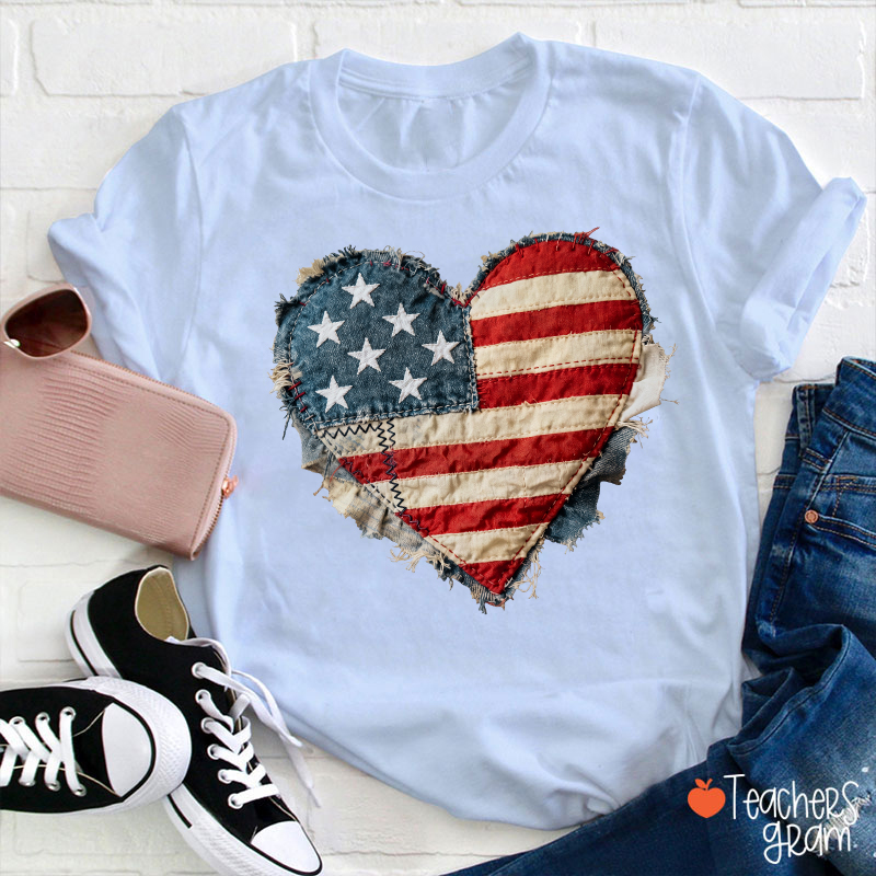 Faux Patchwork American Flag Heart Teacher T-Shirt
