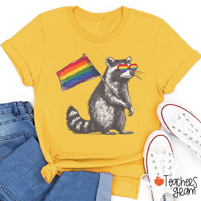 Funny Raccoon Rainbow Flag Pride Teacher T-Shirt