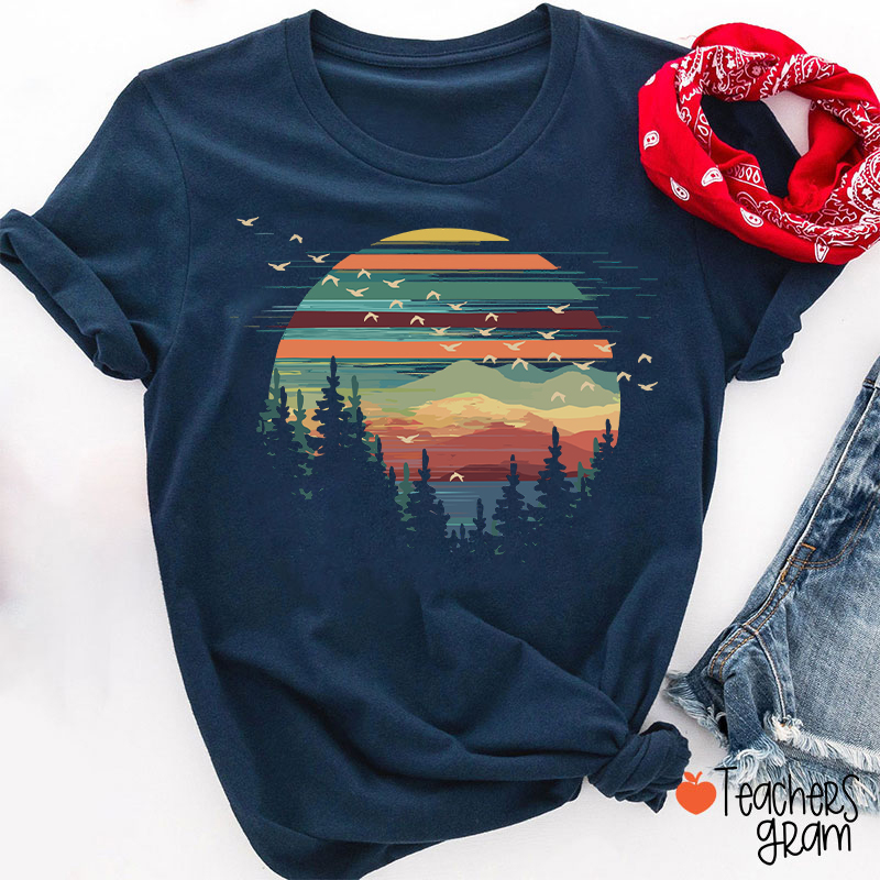 Retro Mountain Sunset Forest And Birds Teacher T-Shirt