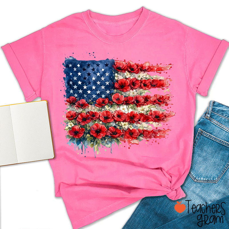 4th Of July Floral American Flag Teacher T-Shirt
