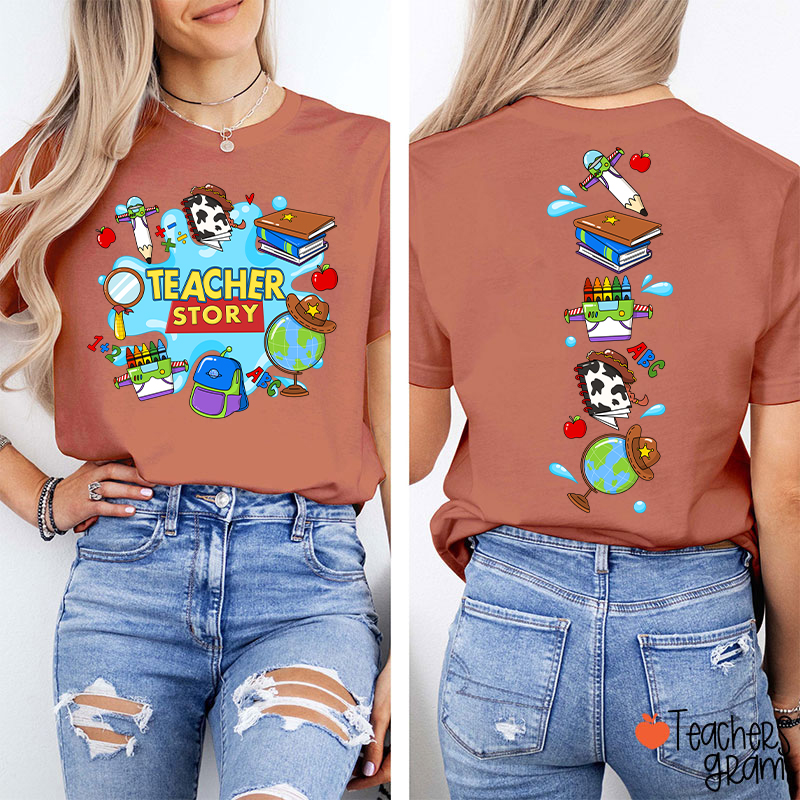 Teacher Story Cute School Stuff Icons Teacher Two Sided T-Shirt