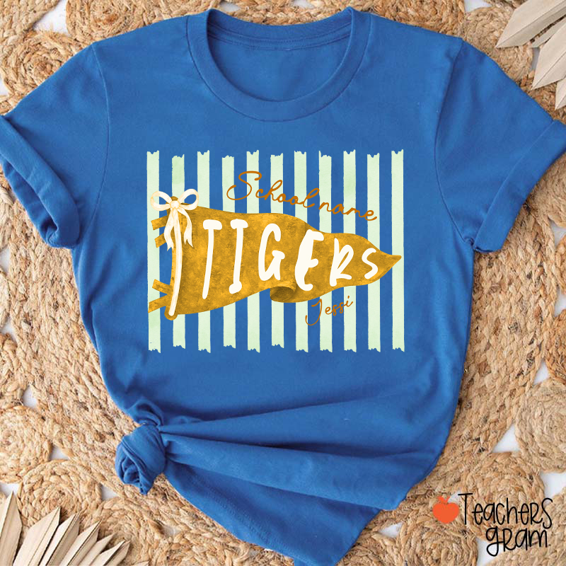 Personalized Mascot School Spirit Stripes Pennant Teacher T-Shirt