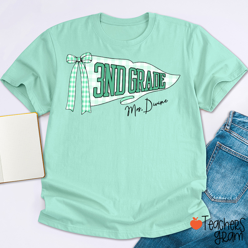 Personalized Grade And Name Gingham Bow Pennant Teacher T-Shirt