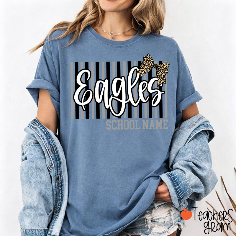 Personalized School Mascot Stripe Leopard Bow Teacher T-Shirt