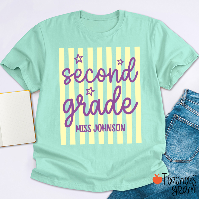 Personalized Grade Blue Gingham Stripes Teacher T-Shirt