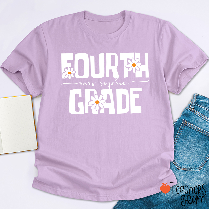 Personalized Name And Grade Daisy Floral Teacher T-Shirt