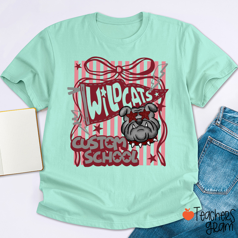 Personalized Mascot Coquette Bow Striped Teacher T-Shirt