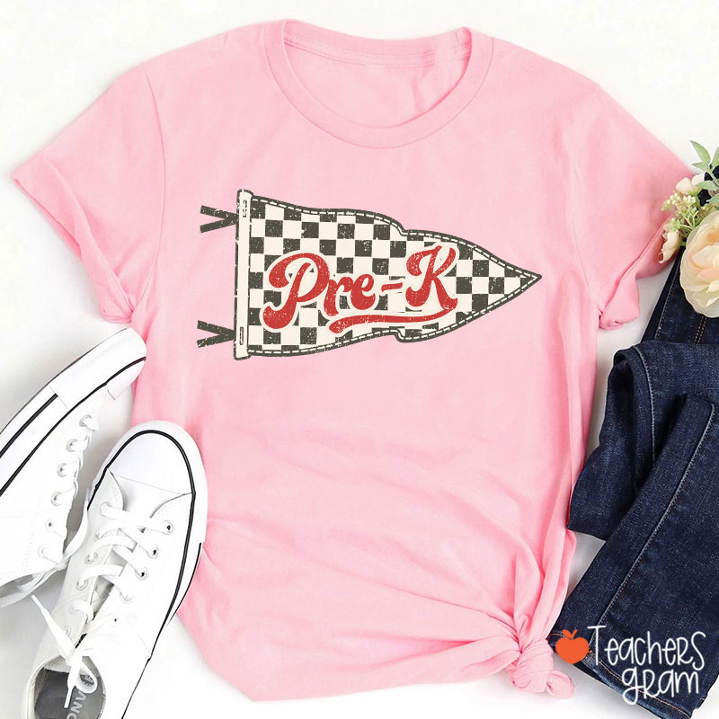 Personalized Grade Checkered Pennant Flag Vintage Retro Preschool Teacher T-Shirt