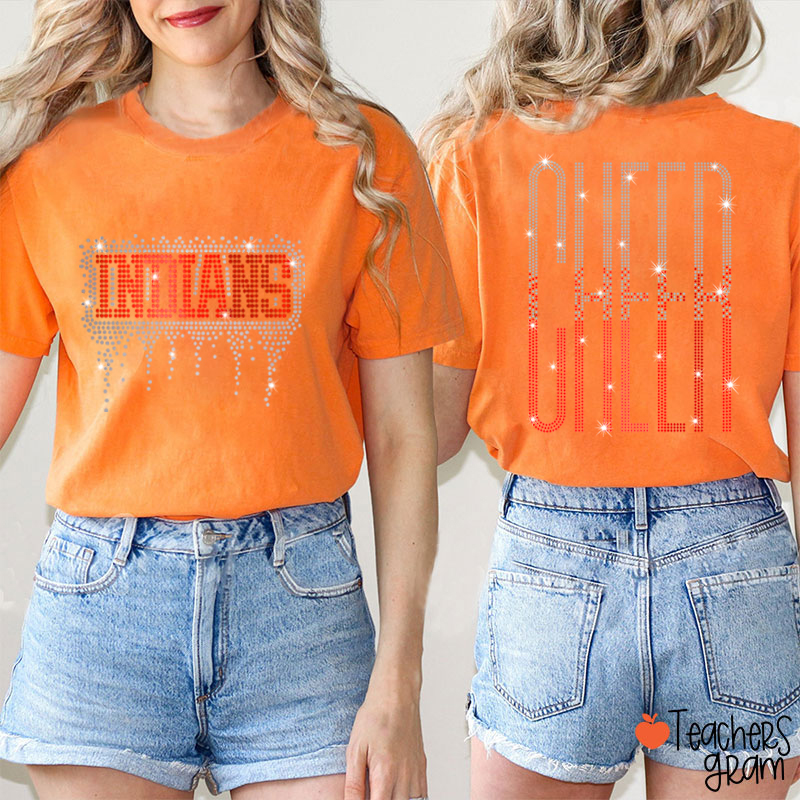 Personalized Mascot Cheer Drip Faux Rhinestone Teacher  Two Sided T-Shirt