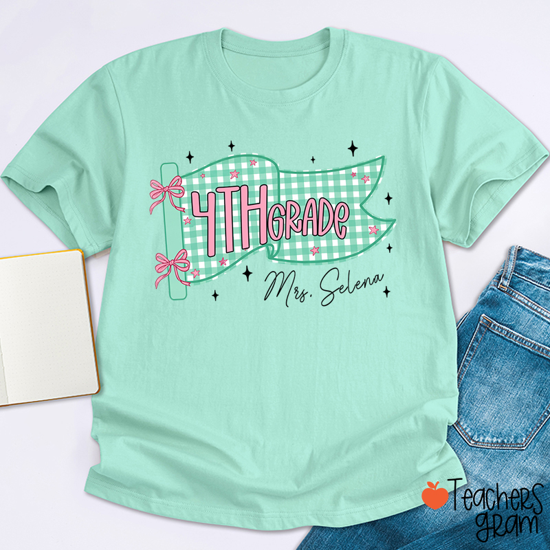 Personalized Name And Grade Gingham Pennant Bow Star Teacher T-Shirt