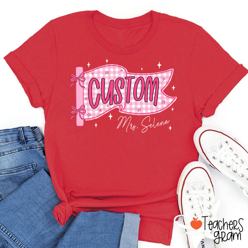 Personalized Name And Grade Gingham Pennant Bow Star Teacher T-Shirt