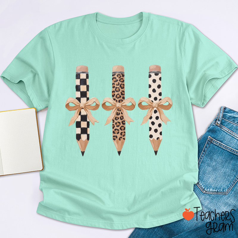 Checkerboard Leopard And Polka Dot Bow Pencil Teacher T-Shirt