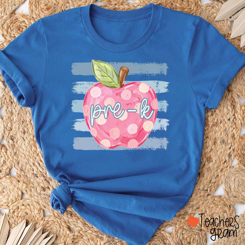 Personalized Grade Pink Polka Dot Apple Blue Brush Stripe Teacher T-Shirt