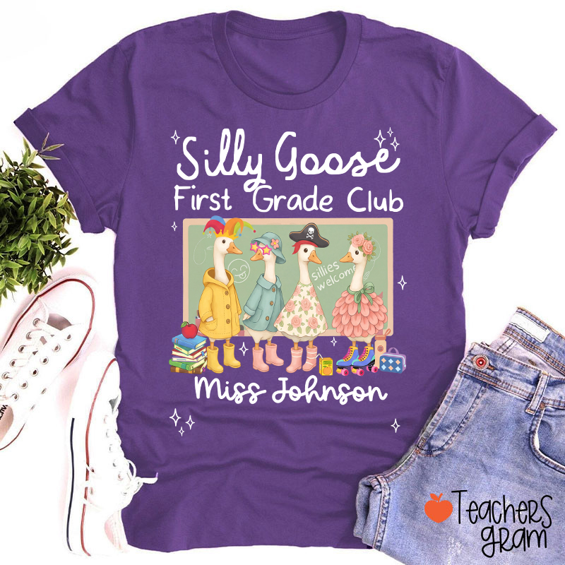 Personalized Grade Name Silly Goose Cartoon Classroom Print Teacher T-Shirt