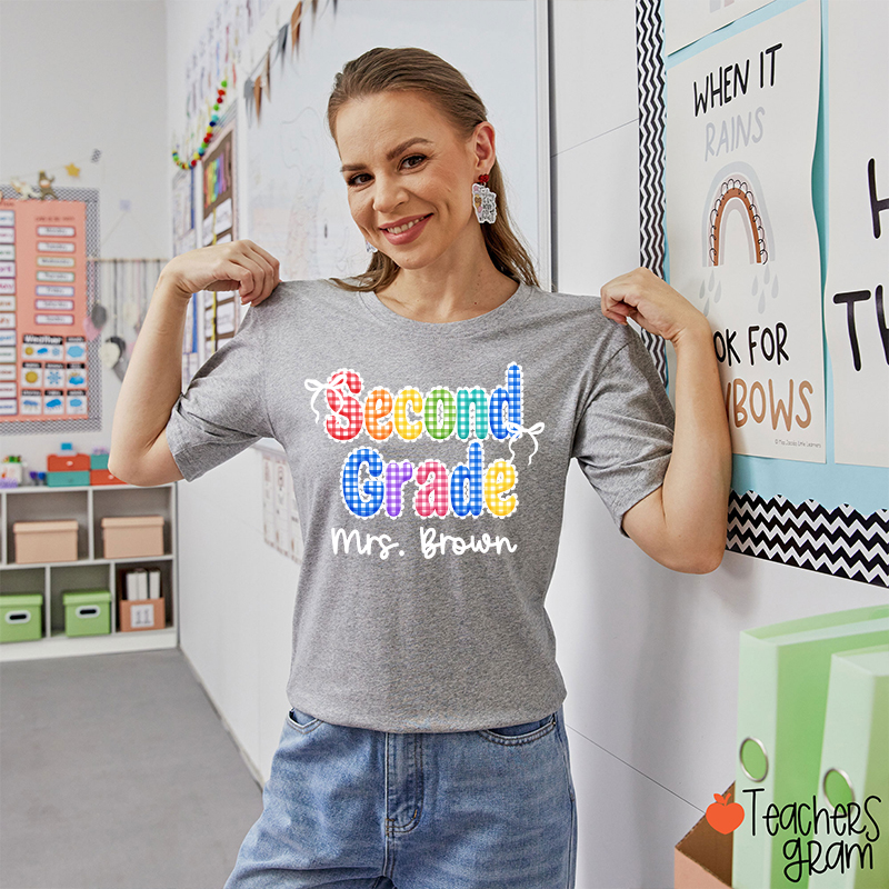 Personalized Grade Name Rainbow Gingham Teacher T-Shirt