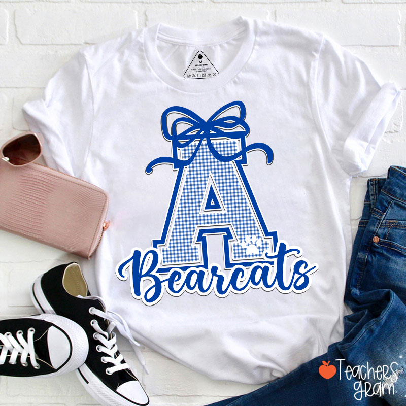 Personalized Mascot Gingham Varsity Coquette Bow Teacher T-Shirt