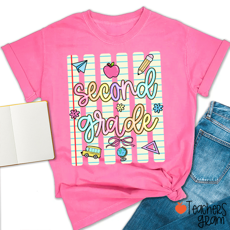 Personalized Grade Notebook Stripes Cute Icons Teacher T-Shirt
