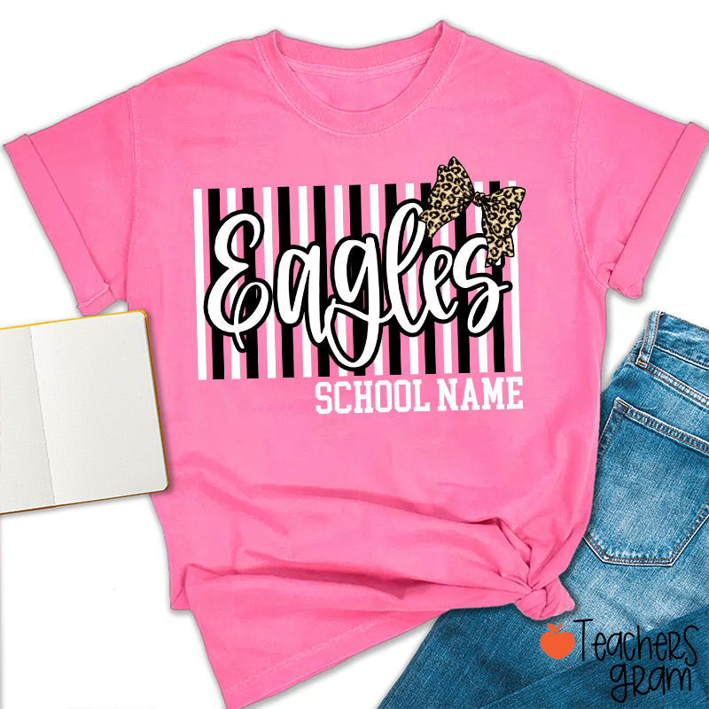 Personalized School Mascot Stripe Leopard Bow Teacher T-Shirt
