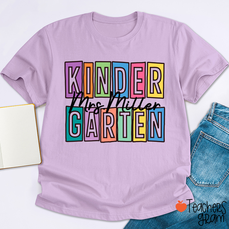 Personalized Name And Grade Colorful Block Letter Cursive Script Teacher T-Shirt