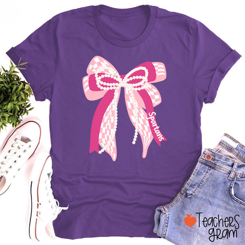 Personalized Mascot Cute Bow School Spirit Graphic Teacher T‑Shirt