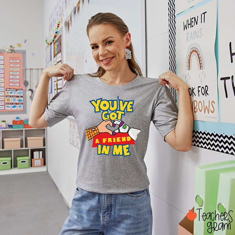 You've Got A Friend In Me Cartoon Cowboy Astronaut Hand Heart Friendship Teacher T-Shirt