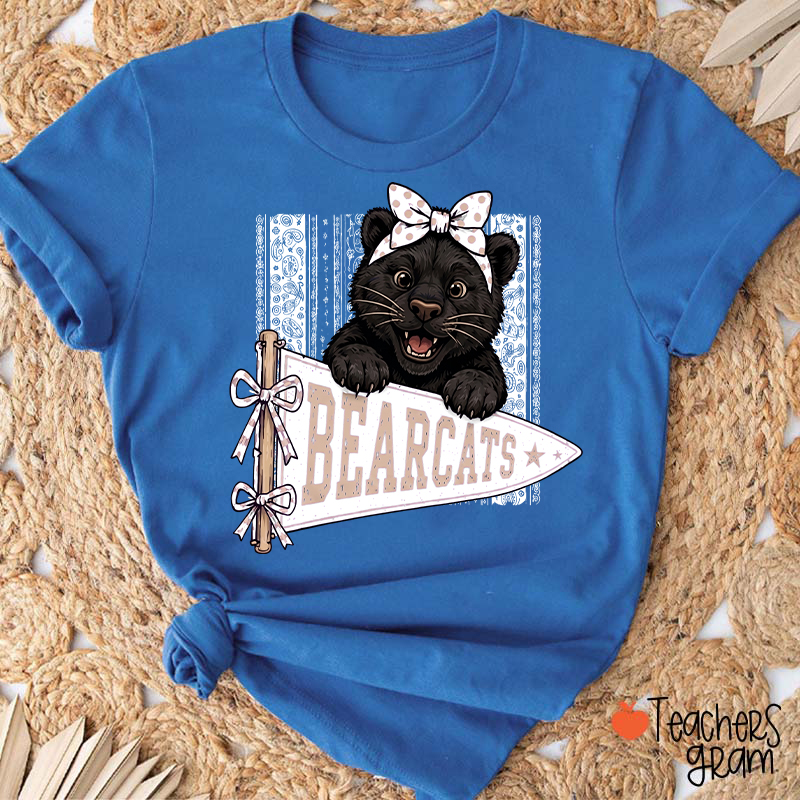 Personalized Mascot Bow Pennant Paisley Striped Graphic Teacher T‑Shirt