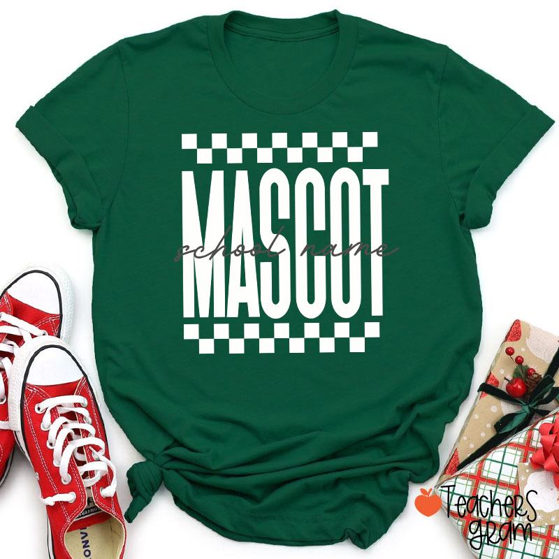 Personalized Mascot Sport Checkered Script Teacher T-Shirt