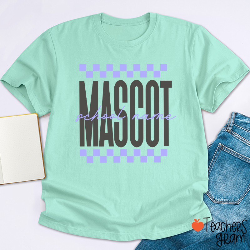 Personalized Mascot Sport Checkered Script Teacher T-Shirt